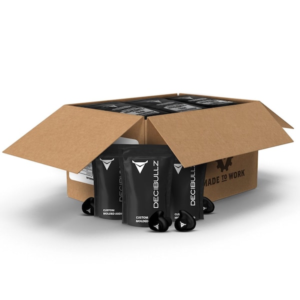 Black Custom Molded Earplugs in slimmed down packaging. 31 NRR, Simple DIY Process